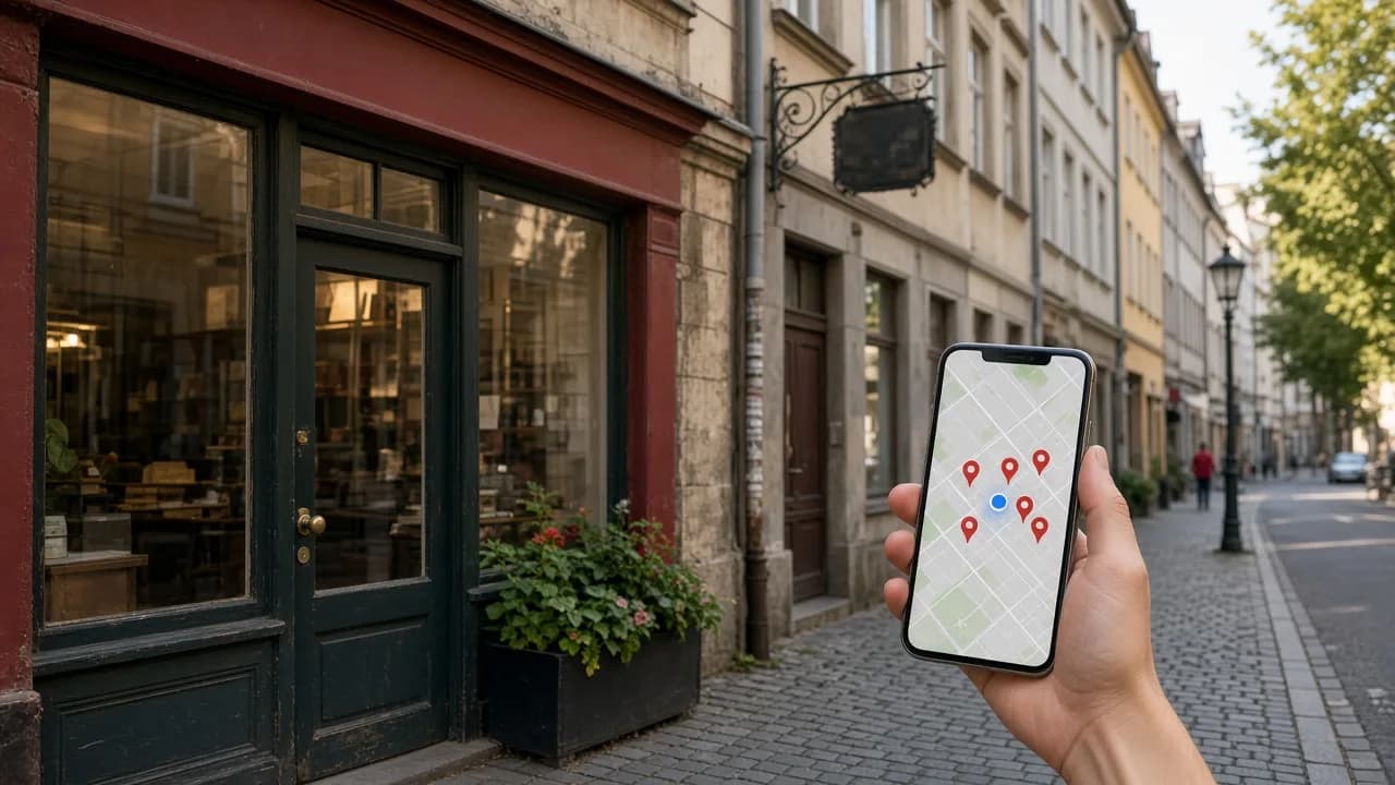 Straße mit Ladenfront und Smartphone mit Kartenansicht