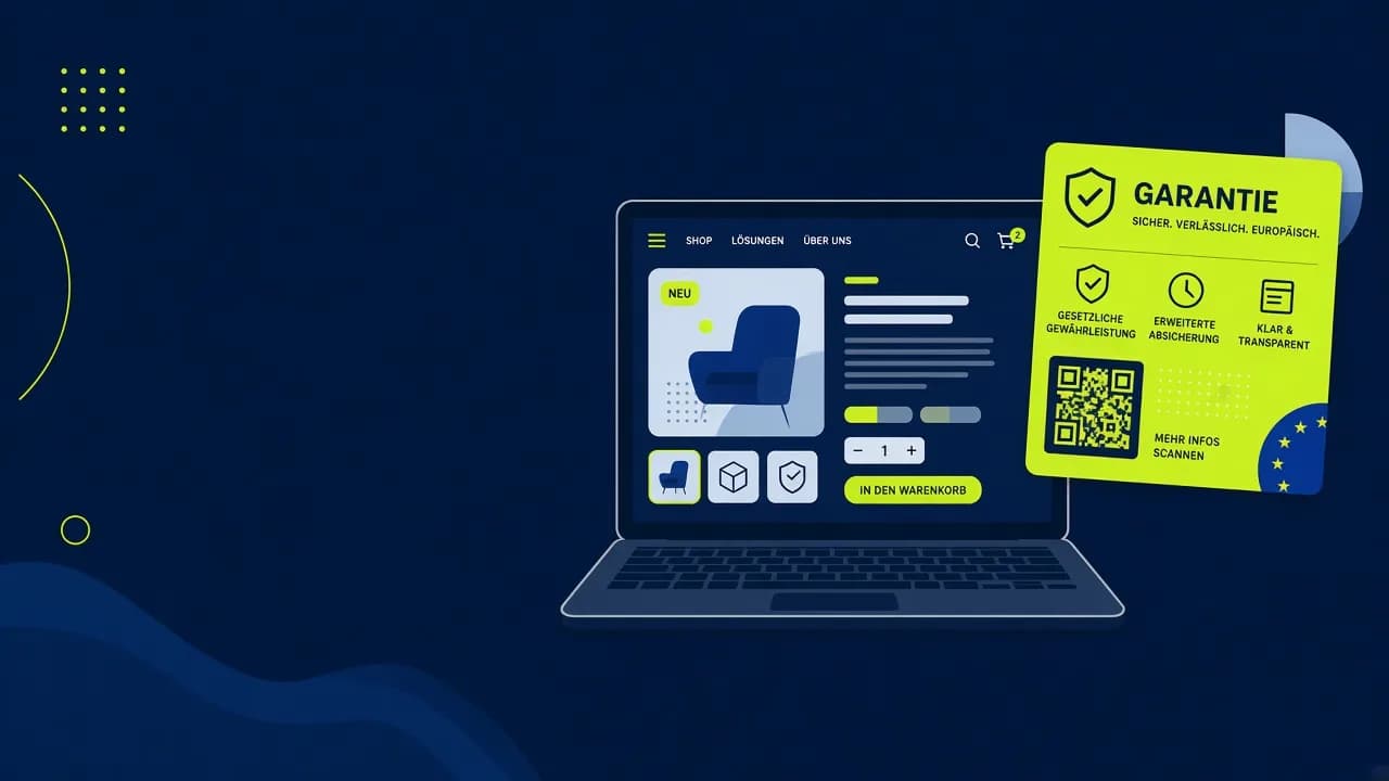 Laptop mit Online-Shop und farbigem EU-Gewährleistungshinweis neben dem Produkt