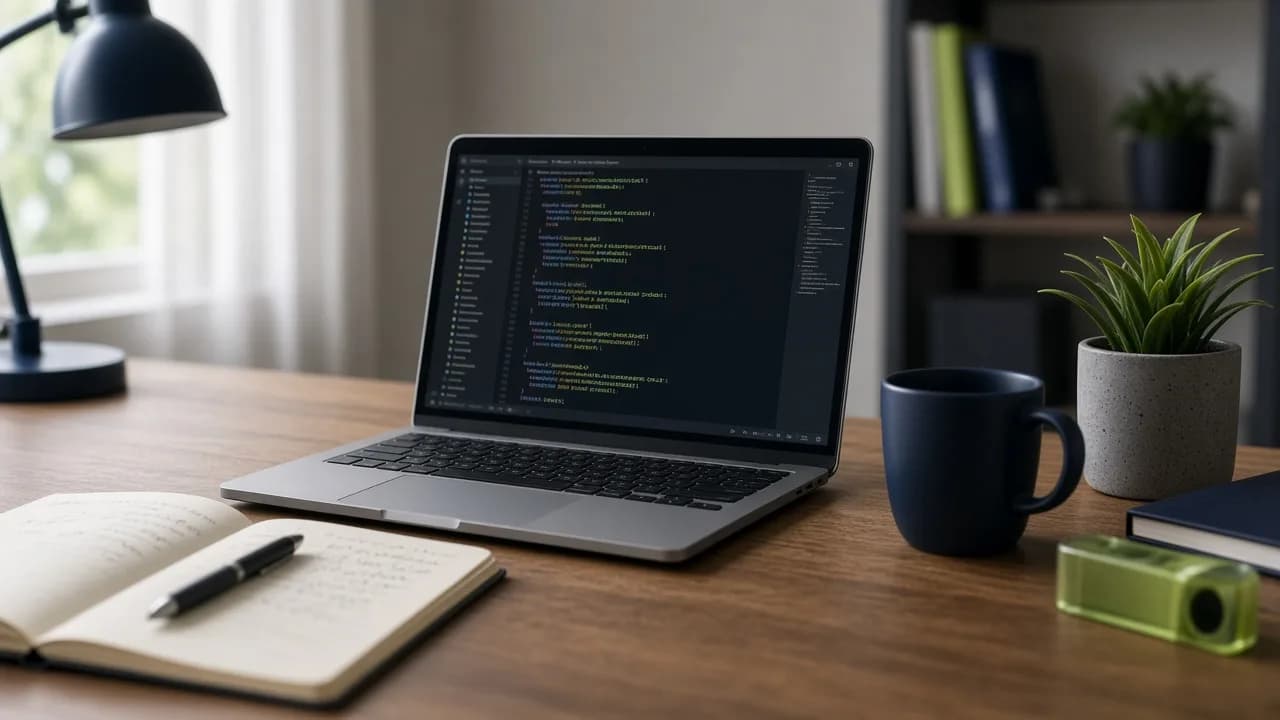 Laptop mit Terminal und Notizen auf einem Schreibtisch